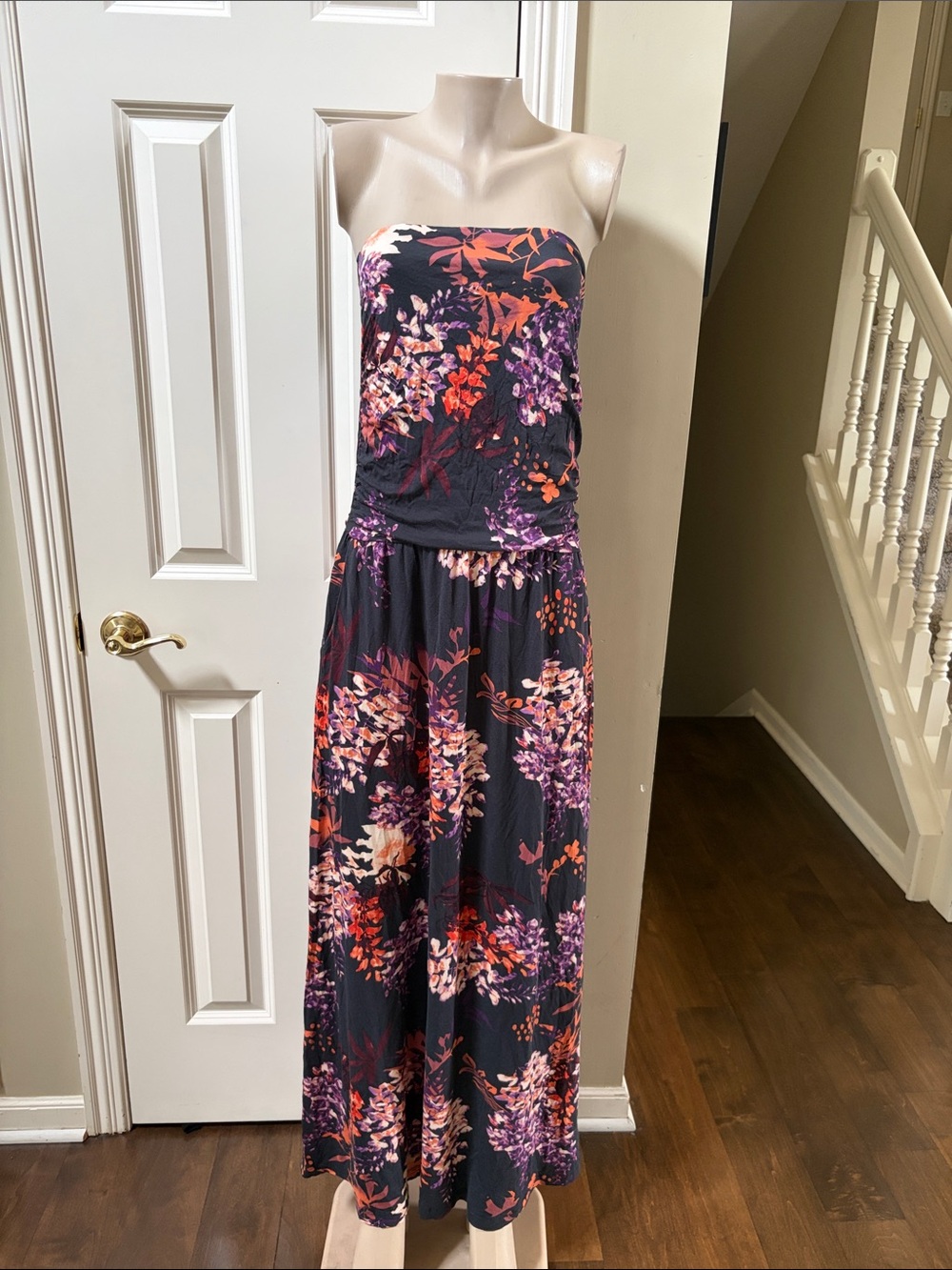 NWT Lascana Strapless Floral Maxi Dress in Black with Purple & Red Accents, 10